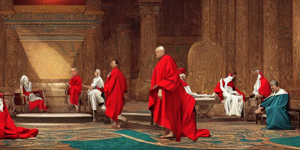 Image similar to ancient senators in red and white robes sit in tribunes, egyptian teal mosaic background, highly detailed, beautiful cinematic light deep focus, elegant, digital painting, smooth, sharp focus, golden ratio, dramatic illumination, art by aleksi briclot, rutkowski and caravaggio