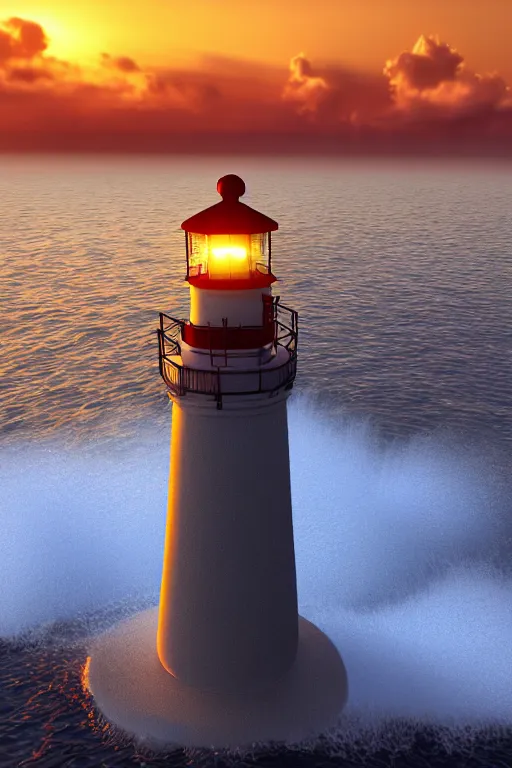 Image similar to highly detailed lighthouse with heavy waves at sunset, global illumination, god rays, detailed and intricate environment, 8 k