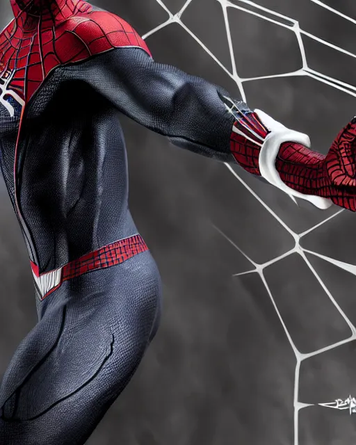 Image similar to photorealistic, hyperdetailed photograph of black spider - man suit with white webbing by insomniac games