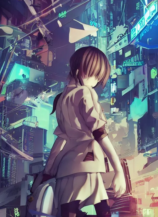 Image similar to JRPG game poster, luxury advertisement, yellow filter. Clean and detailed post-cyberpunk sci-fi close-up schoolgirl in asian city in style of cytus and deemo, blue flame, relaxing, calm and mysterious vibes, by Tsutomu Nihei, by Yoshitoshi ABe, by Ilya Kuvshinov, by Greg Tocchini, nier:automata, set in half-life 2, Matrix, GITS, Blade Runner, Neotokyo Source, Syndicate(2012), dynamic composition, beautiful with eerie vibes, very inspirational, very stylish, with gradients, surrealistic, dystopia, postapocalyptic vibes, depth of field, mist, rich cinematic atmosphere, perfect digital art, mystical journey in strange world, beautiful dramatic dark moody tones and studio lighting, shadows, bastion game, arthouse