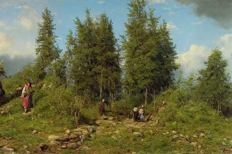 Prompt: Meeting of the Walking Castle and the Hut on Chicken Legs, Shishkin