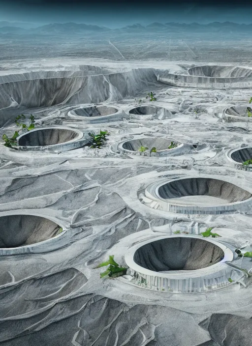 Image similar to bioremediation white architecture, in the mining tailings of chuquicamata, epic, cinematic, hyperealistic, high detailed, corona render, hdr, ray tracing