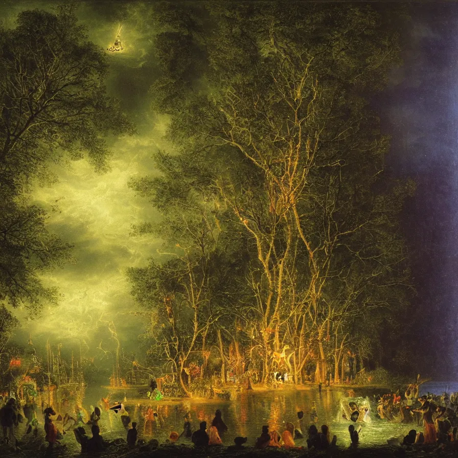 Prompt: a night carnival around a magical in a summer storm, tree cavity with a music scenario with many fireworks and christmas lights, next to a lake with iridiscent lake water, volumetric lightning, folklore people disguised with fantastic creatures in a magical forest by summer night, masterpiece painted by adam elsheimer, scene by dark night environment, refraction lights, five star stories