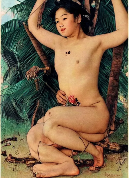 Prompt: a beautiful asian girl with a tattoo of a coconut tree on her body by Norman Rockwell