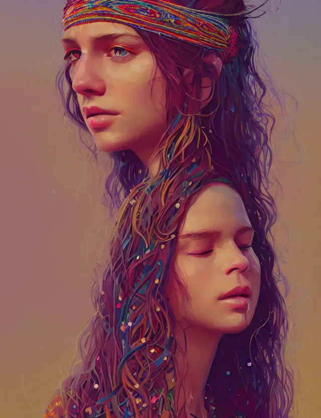 Prompt: portrait of a young woman wearing boho clothing, hippie girl, long hair, groovy hairband, bangs, woodstock background, intricate, smooth, groovy lighting, highly detailed, digital painting, artstation, concept art, smooth, sharp focus, illustration, art by wlop, mars ravelo and greg rutkowski