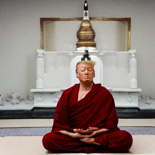 Prompt: a still photograph of Donald Trump meditating in a Buddhist Temple