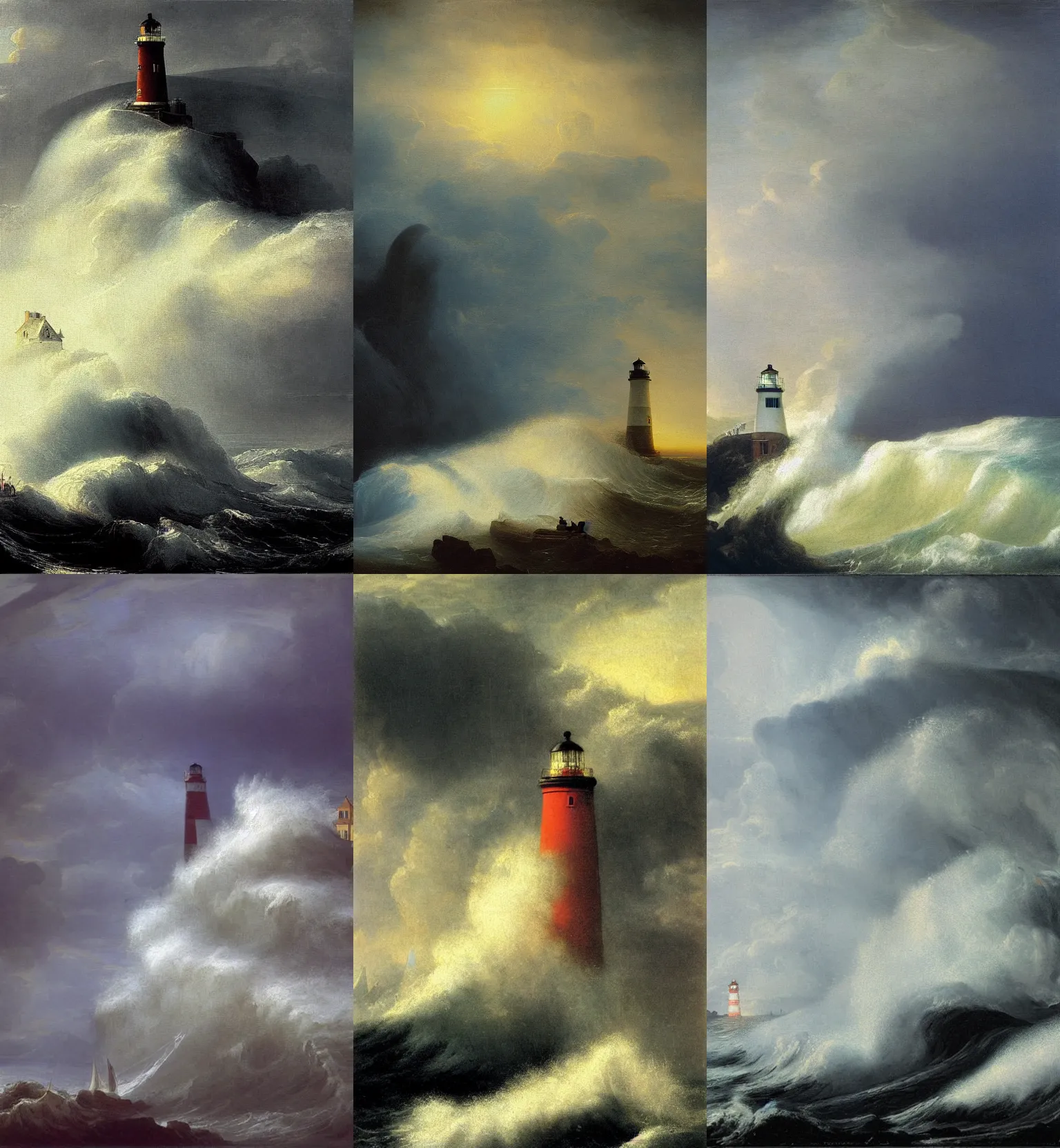 Prompt: huge waves crashing over a lighthouse, john martin, painting