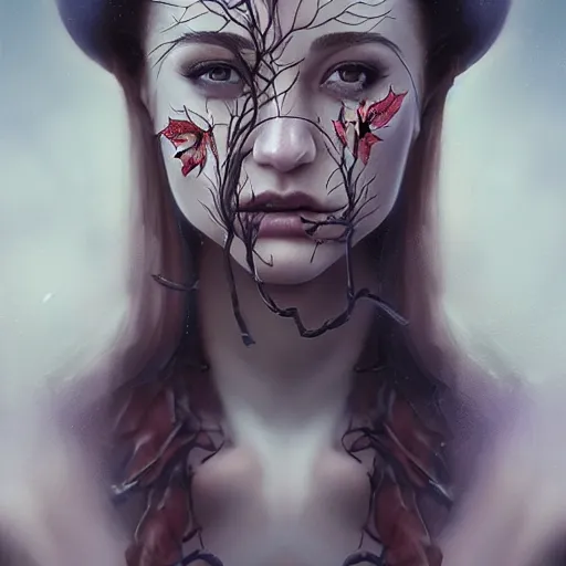 Prompt: gorgeous female stella maeve magician, realistic character concept, medium shot, elegant pose, spooky, illustration, symmetrical face and body, cinematic lighting, detailed realistic symmetrical eyes, 8 k, joshua middleton, artgerm, akihiko yoshida, tom bagshaw, single face, insanely detailed and intricate elegant, autumn leaves