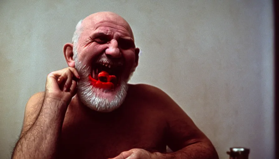 Prompt: 1 9 6 0 s movie still close - up of chrysippus of solis hysterically laughing on the floor blood in the mouth in a neoclassical marble room, cinestill 8 0 0 t 3 5 mm, high quality, heavy grain, high detail, dramatic light, anamorphic, detailed beard, by josef sudek