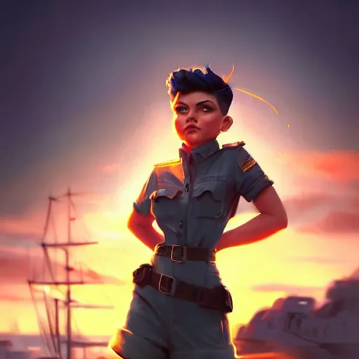 Image similar to a Photorealistic dramatic hyperrealistic gnome woman engineer, pixie undercut short black hair, naval background, by WLOP,Artgerm,Greg Rutkowski, Beautiful dynamic dramatic bright sunset lighting,shadows,cinematic atmosphere,Artstation,concept design art,Octane render,8k