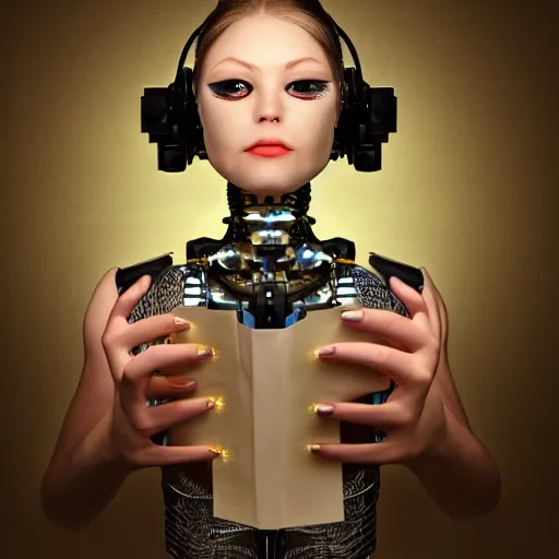 Image similar to a beautiful intricate fine art portrait photo of a happy mechanical futuristic cybernetic humanoid reading a letter of admission held in her hands, by natalie shau and zach sutton, eyes light up, happiness!, perfection!, studio lighting, golden ratio composition, 50mm lens, bionic, cybernetic scifi, deep depth of field, artstation, 8K