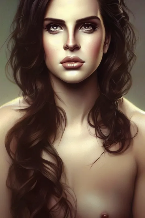 Image similar to photorealistic portrait of a young butch lana del rey, handsome, female, masculine, upper body, fantasy, fierce, sharp features, intricate, elegant, highly detailed, digital painting, artstation, concept art, matte, sharp focus, illustration, art by artgerm and greg rutkowski and alphonse mucha