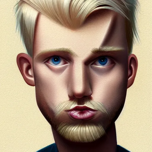 Image similar to thin blond man with blond hair long on top medium down the sides, blond beard, small chin, small nose, thin lips, English heritage, small blue eyes, small ears, pale skin, narrow face, digital art, painterly, cartoon, cute, 8k, illustration, art by loish, painterly, trending on artstation, medium shot, uncropped