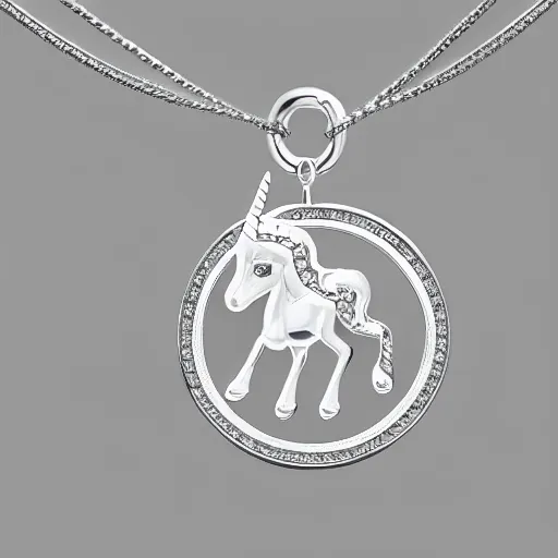 Image similar to a lovely silver cartoon unicorn necklace pendant, 3 d rendering, pandora style, tiffany style, swarovski style, van cleef & arpels style, cartier style, boucheron style, bulgari style, chaumet style, elegant, noble, stylish