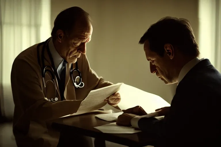 Image similar to a cinematic headshot portrait of an doctor reading his notes, moody lighting, movie still, shallow depth of field, muted colors, by werner herzog