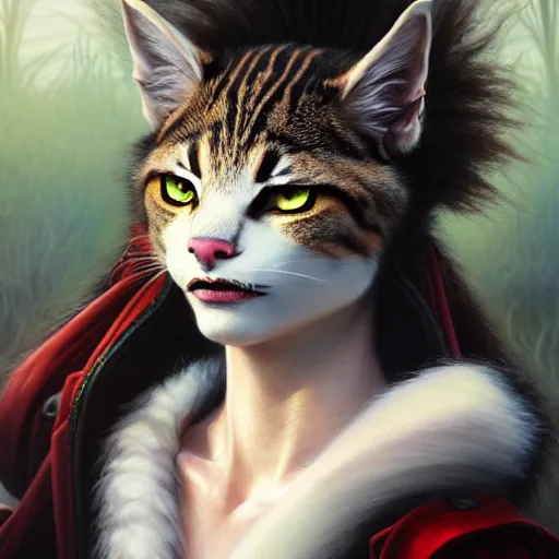 Image similar to portrait painting of a punk tabaxi bard with green eyes and snow white fur, ultra realistic, concept art, intricate details, eerie, highly detailed, photorealistic, octane render, 8 k, unreal engine. art by artgerm and greg rutkowski and charlie bowater and magali villeneuve and alphonse mucha