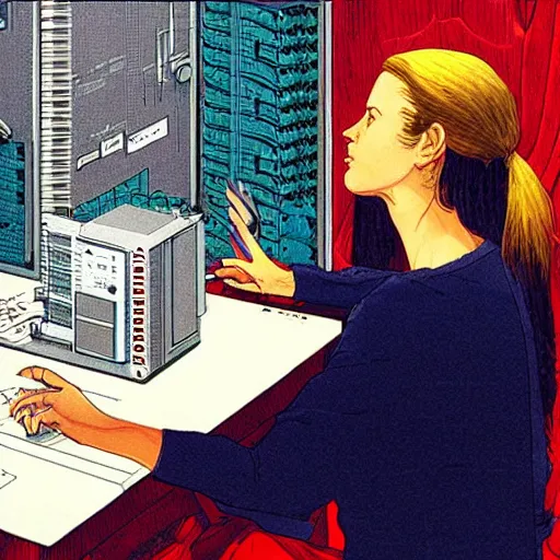 Prompt: a female neuroscientist trying to understand a microprocessor, jean giraud and waterhouse