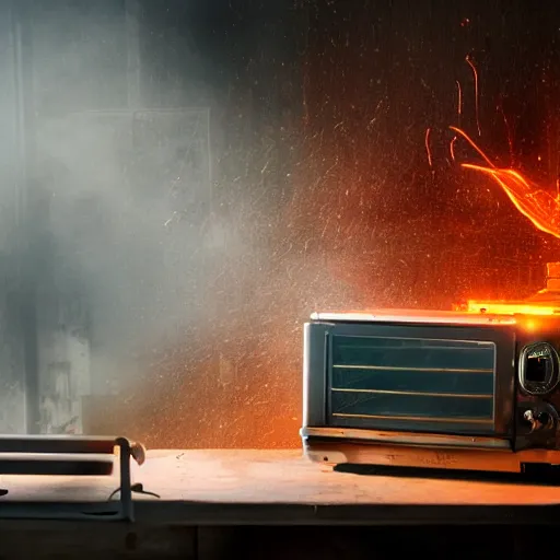 Image similar to toaster oven terminator robot, dark messy smoke - filled cluttered workshop, dark, dramatic lighting, orange tint, sparks, cinematic, highly detailed, sci - fi, futuristic, movie still