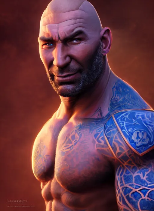 Prompt: A fantasy comic book style portrait painting of Dave Bautista as a blue orc mage, unreal 5, DAZ, hyperrealistic, octane render, RPG portrait, dynamic lighting
