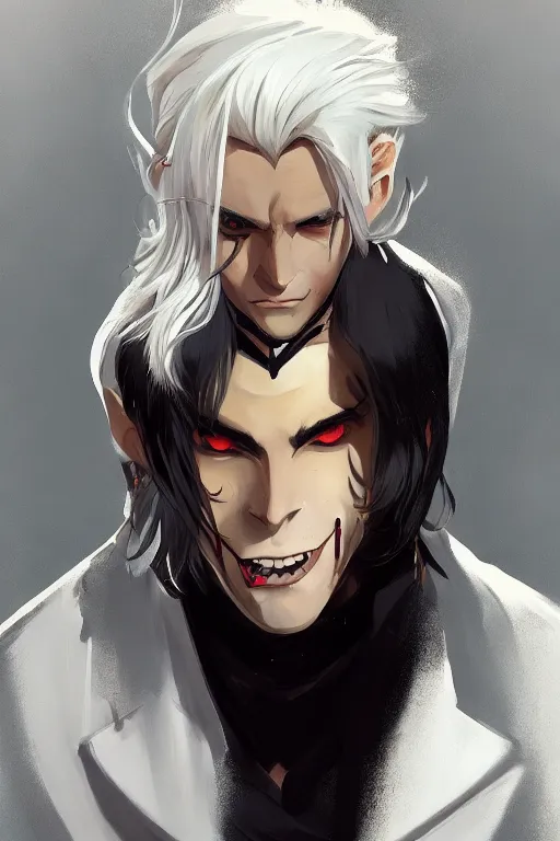 Prompt: beautiful painting of a smug smiling male vampire by kuvshinov Ilya, handsome face, dark coat, white hair, golden eyes, , trending on artstation, pixiv, 4k, HDR, unreal engine