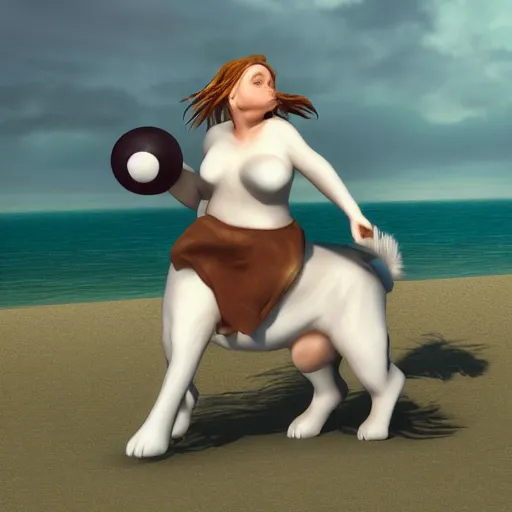 Image similar to girl riding a giant saint Bernard at the beach catching a frisbee, trending on artstation