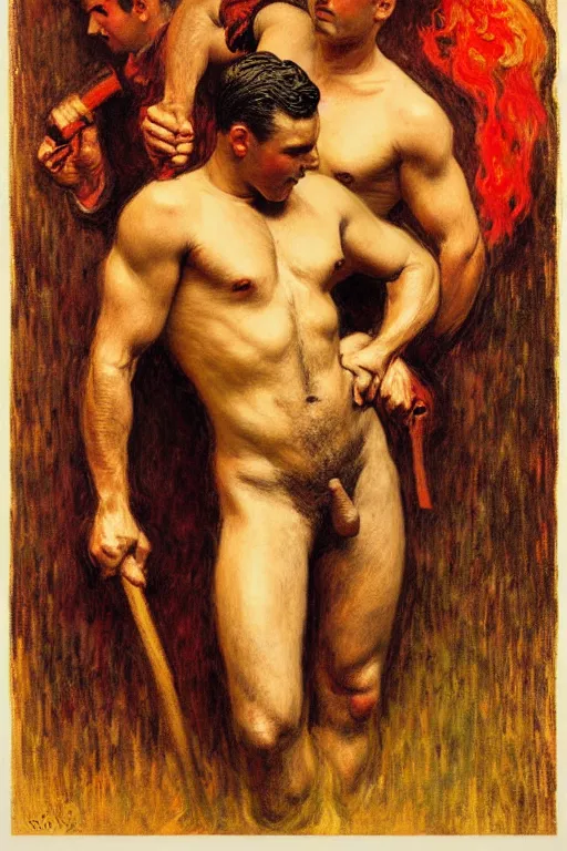 Prompt: attractive male, firefighters of new york city, painting by tom of finland, gaston bussiere, craig mullins, j. c. leyendecker, claude monet