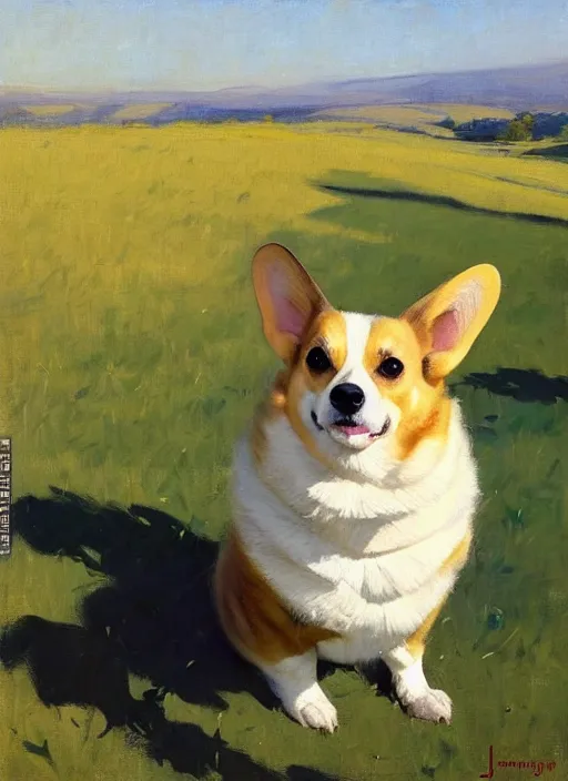 Image similar to Greg Manchess painting of a Corginian, countryside, calm, fantasy character portrait, dynamic pose, above view, sunny day, artwork by Jeremy Lipkin and Giuseppe Dangelico Pino and Michael Garmash and Rob Rey, very coherent asymmetrical artwork, sharp edges, perfect face, simple form, 100mm