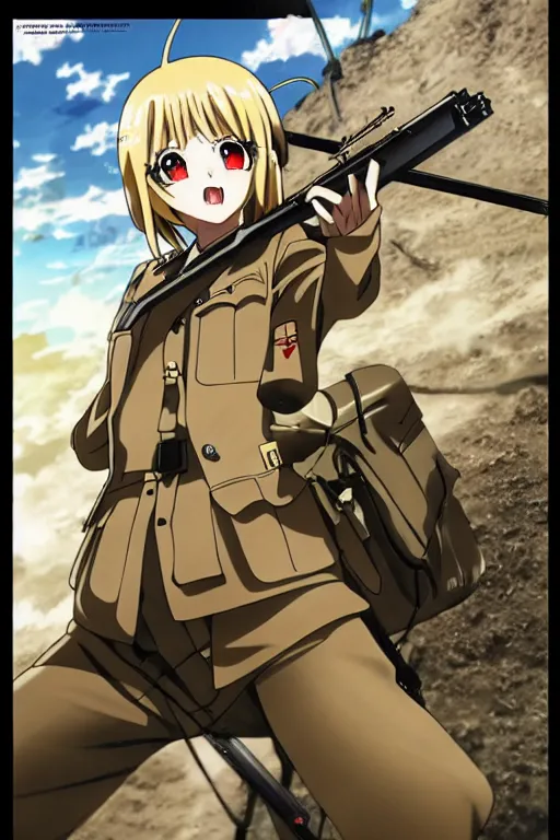 Prompt: anime key visual of tanya degurechaff aiming down a bolt action rifle, official digital media illustrated by artist so - bin, 1 9 1 8 colorized footage of the great war, trenches bombs, trending on artstation