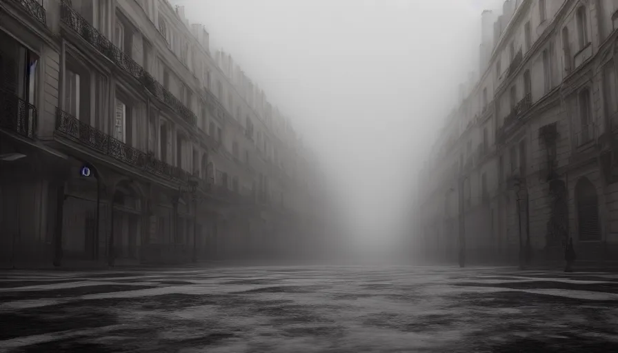 Prompt: empty neo - gothic paris streets in the fog, wet ground, hyperdetailed, artstation, cgsociety, 8 k