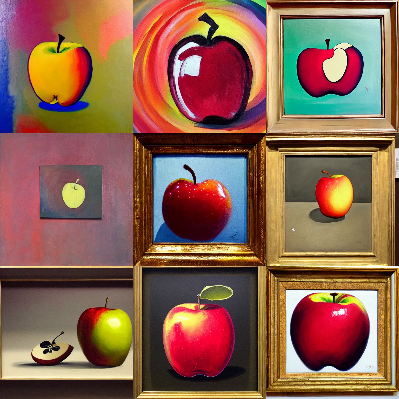 Prompt: the most abstract painting of an apple ever, hanging in a museum