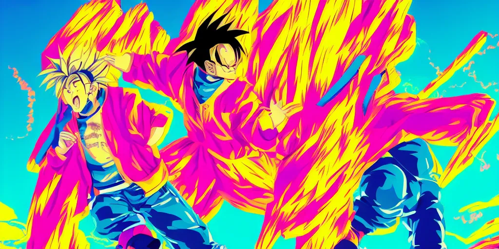 Image similar to vaporwave, vector graphics, synthwave, neon, goku snowboarding, portrait