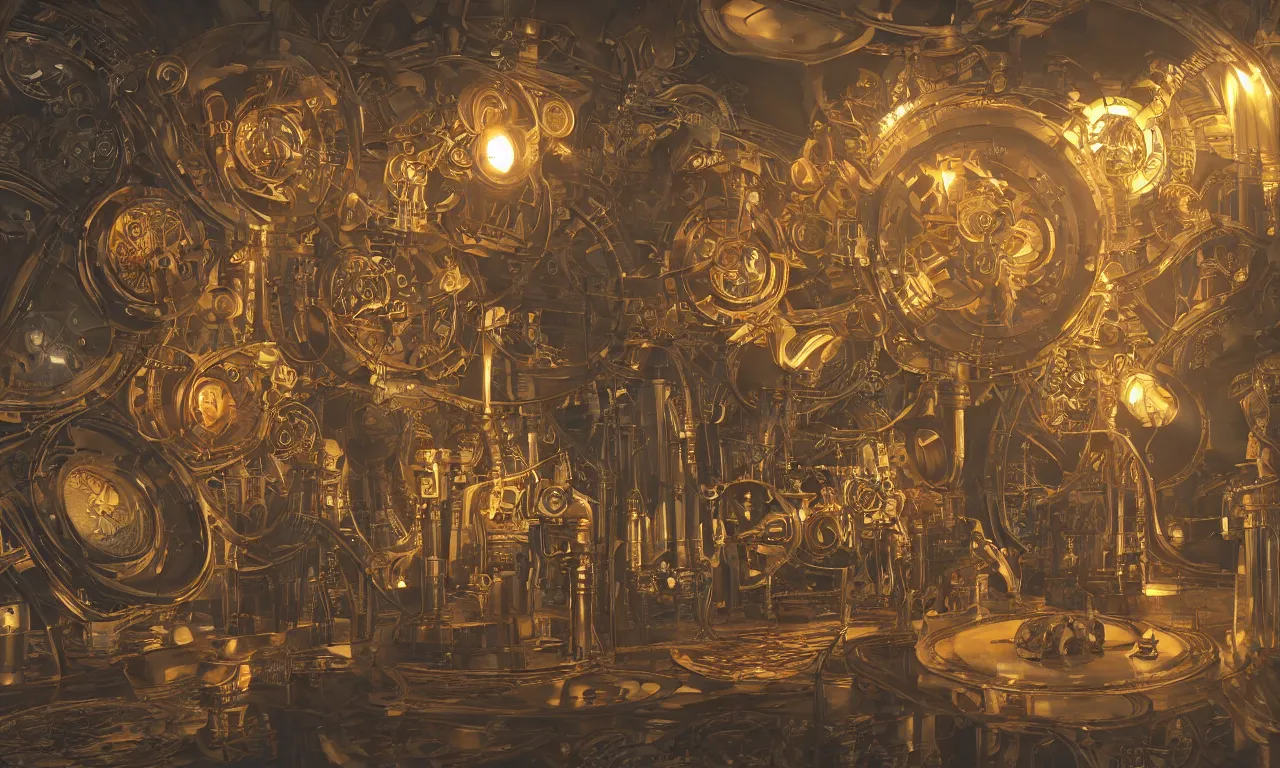 Image similar to steampunk engine laboratory 3 d volume kaleidoscope chakra digital color stylized concept substance natural color scheme, global illumination ray tracing hdr fanart arstation by sung choi and eric pfeiffer and gabriel garza and casper konefal