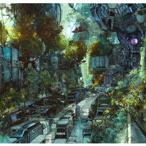 Image similar to Beautiful happy overgrown sci-fi city in harmony with nature. Nice colour scheme, soft warm colour. Beautiful detailed watercolor by Lurid. (2022)