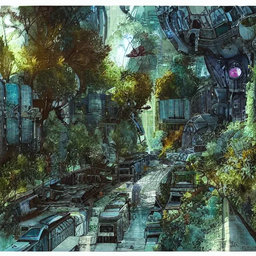 Prompt: Beautiful happy overgrown sci-fi city in harmony with nature. Nice colour scheme, soft warm colour. Beautiful detailed watercolor by Lurid. (2022)