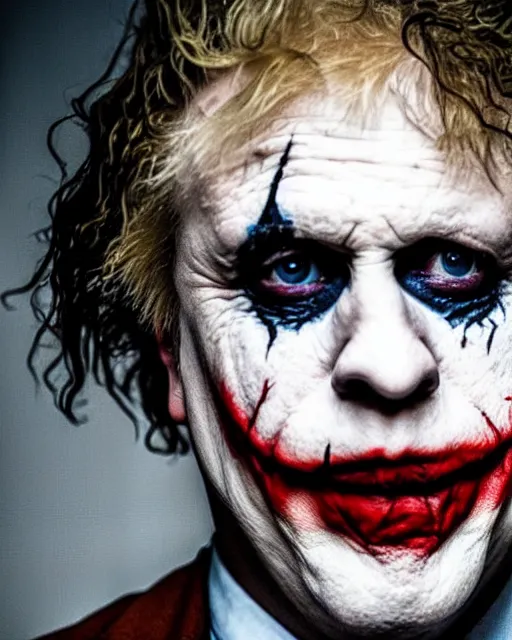 Image similar to film still close - up shot of boris johnson as the joker from the movie the dark knight. photographic, photography