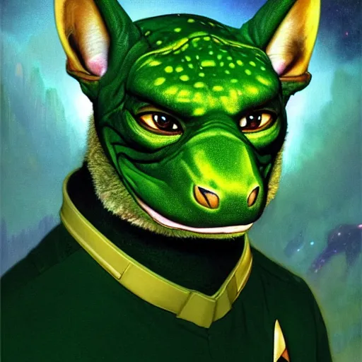 Image similar to a portrait of a male green reptile in star trek uniform at night in a dark forest. zootopia fursona furaffinity furry art detailed face painting by gaston bussiere craig mullins jc leyendecker gustav klimt artgerm greg rutkowski