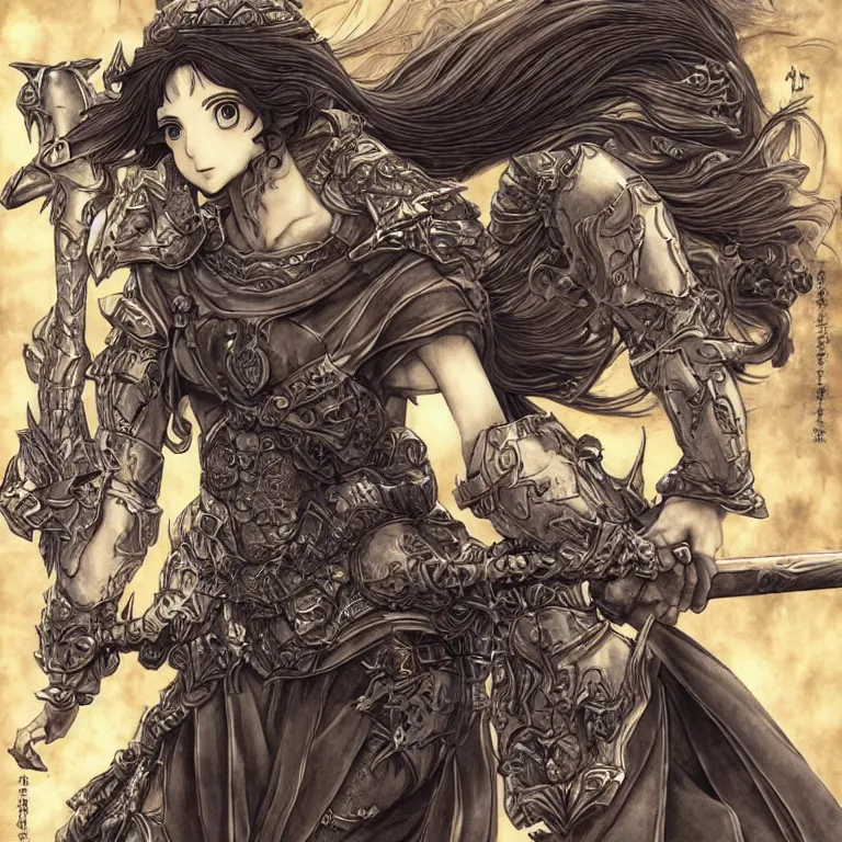 Prompt: young goddess, realistic proportions, beautiful face, in goldfish armor, wielding a fish sword, symmetrical, highly detailed, engraving kentaro miura manga art style