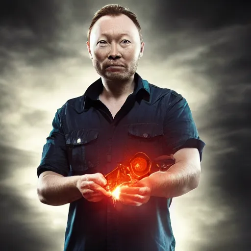 Prompt: limmy brian limond holding element 1 1 5, realistic, wide shot, dramatic lighting, hyper realistic, high quality, highly detailed, hd, beautiful, cinematic, 8 k, unreal engine, facial accuracy, symmetrical,