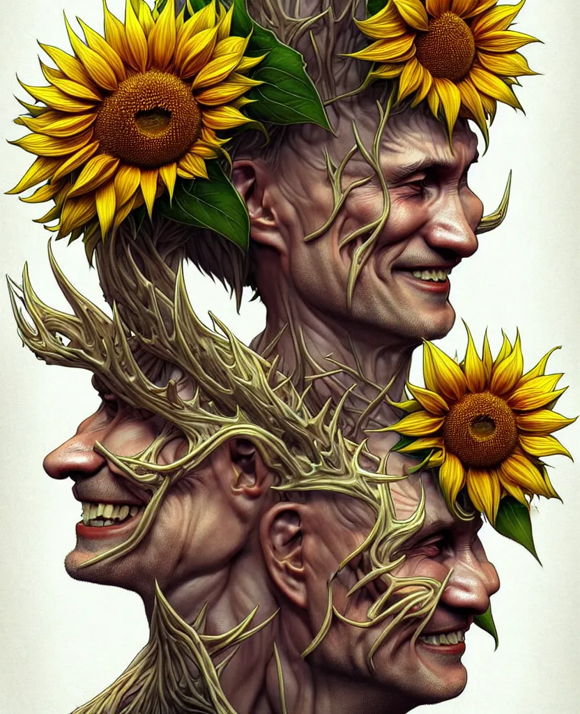 Image similar to digital art, centered full body of Putin smiling king, Sunflower crown, ,intricate, veins, by James Jean and by artgerm , by ross tran ultradetailed, charachter design, concept art, trending on artstation,