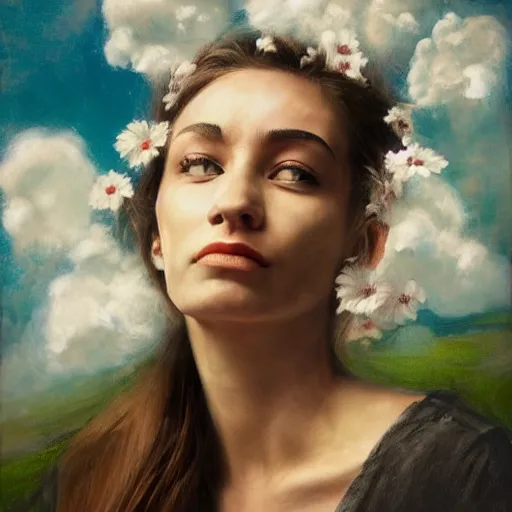 Prompt: portrait, hyperrealism, woman in the clouds with flowers, atmospheric, lightweight, airy
