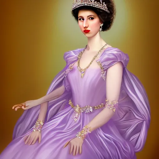 Prompt: Portarit of a princess wearing a lavanda color dress, and a tiara with emeralds,oil painting, digital art, 4k