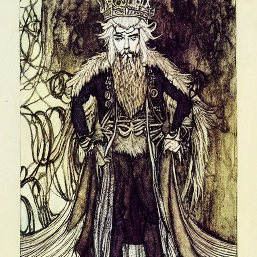 Prompt: A handsome Lord Auberon with blond hair and beard and ram horns wearing an exquisite suit and a crown, color illustration by Arthur Rackham