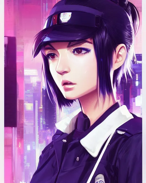 Image similar to ! dream police officer girl very very anime!!! fine face, audrey plaza, realistic shaded perfect face, fine details. anime. realistic shaded lighting cyberpunk futuristic neon tattoos styled hair reflective puffy sheen film jacket decorated poster by ilya kuvshinov katsuhiro otomo ghost in the shell magali villeneuve artgerm jeremy lipkin michael garmash rob rey