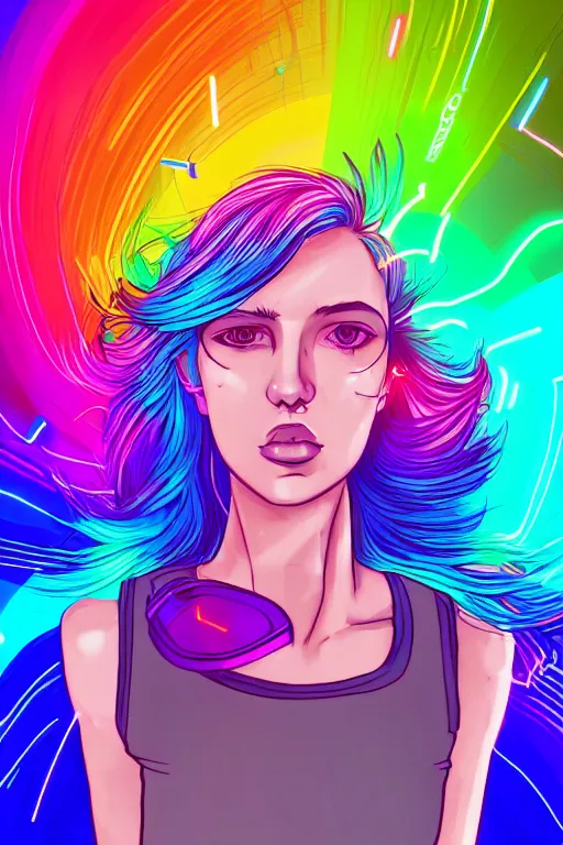 Image similar to a award winning half body portrait of a beautiful woman with stunning eyes in a croptop and cargo pants with rainbow colored hair blowing in the wind, outlined by whirling illuminated neon lines, outrun, vaporware, shaded flat illustration, digital art, trending on artstation, highly detailed, fine detail, intricate