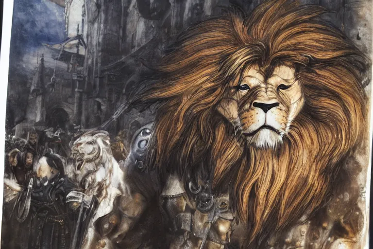 Prompt: 8k Yoshitaka Amano painting of upper body of a young cool looking lion beast-man at a medieval market at windy day. White mane, Depth of field. He is wearing complex fantasy armors. He has huge paws. Renaissance style lighting.