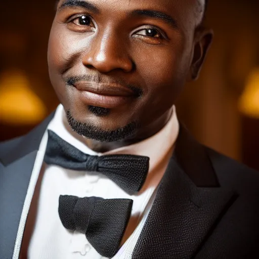 Image similar to closeup of a well groomed African man wearing a white tuxedo, standing in a hotel lobby; bokeh cinematic portrait, realistic photo, 32mm lens