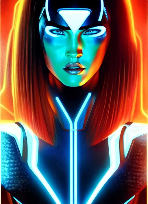 Image similar to portrait of megan fox as tron, disney, tron, disc wars, intricate, headshot, highly detailed, digital painting, artstation, concept art, sharp focus, cinematic lighting, illustration, art by artgerm and greg rutkowski, alphonse mucha, cgsociety