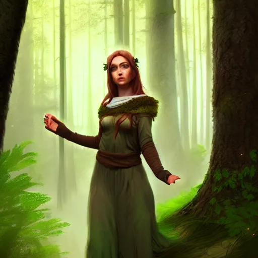 Image similar to a pretty female druid surrounded by forest animals, in the woods, hyper realistic, digital painting, photorealistic, in the style of greg rutkowski, detailed face