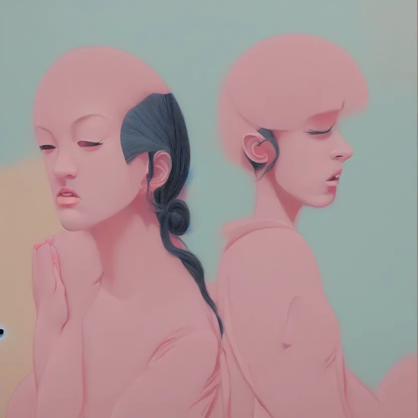 Prompt: fine art figurative painting with modern western music pop culture influences by yoshitomo nara in an aesthetically pleasing natural and pastel color tones