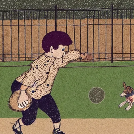 Image similar to illustration of french boy in paris playing football against a corgi, the corgi is wearing a polka dot scarf